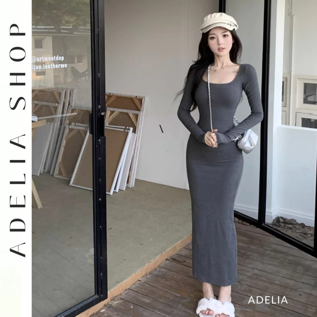 「ADELIA」Đầm Len Body Cổ Vuông Dáng Dài Chất Len Mịn 2 Màu Xám Đen Hàng Quảng Châu TD160