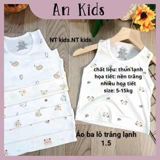 Áo ba lỗ chất thun lạnh nền trắng họa tiết thú đáng yêu, có cúc cài vai cho bé từ 5-15kg Ankids Store