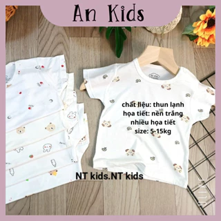 Áo cộc chất thun lạnh nền trắng họa tiết thú đáng yêu, có cúc cài vai cho bé từ 5-15kg Ankids Store