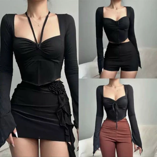 Áo croptop kiểu nữ dây rút ngực hở dáng ôm