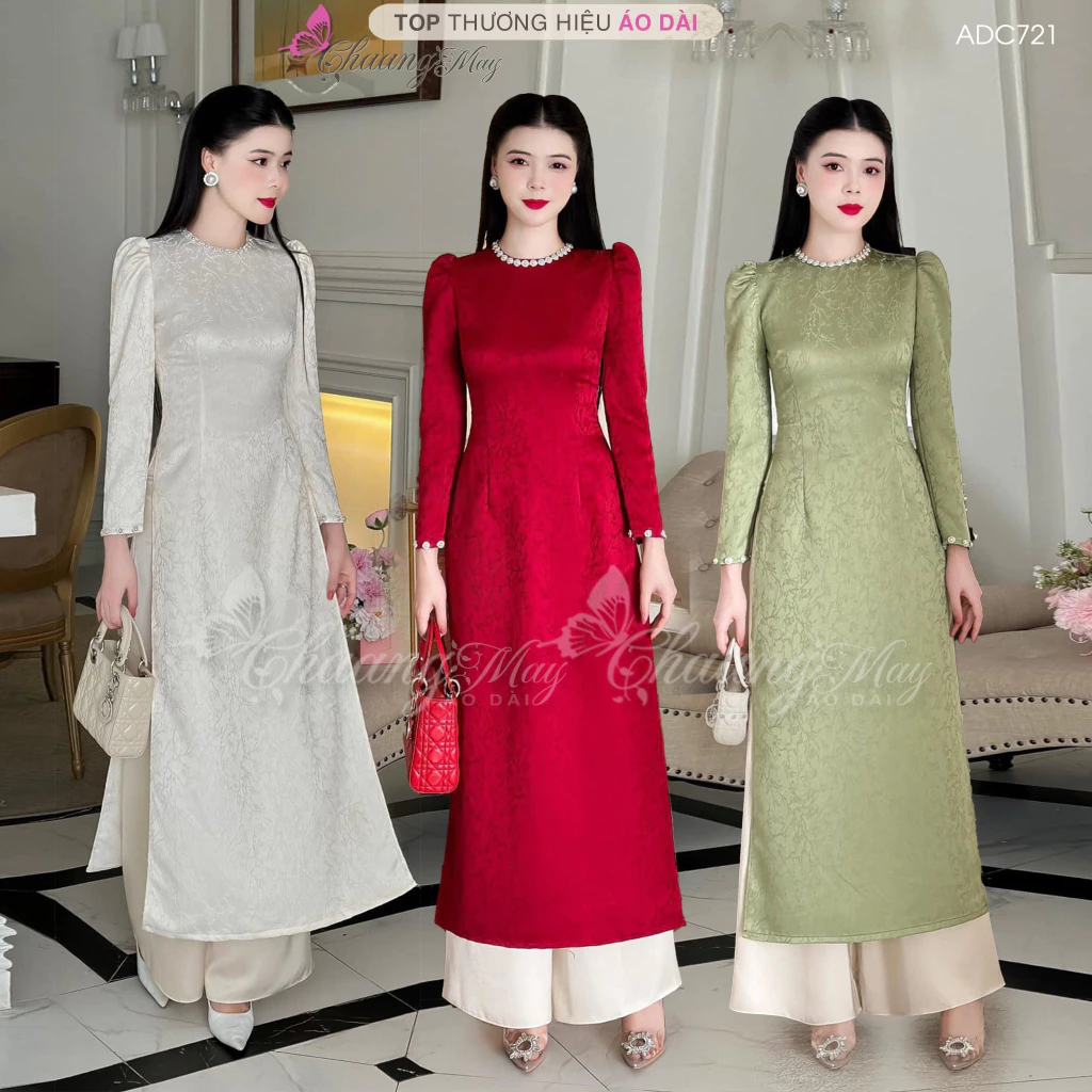 Áo dài Châu Sa truyền thống tay vai bồng Chaang may sẵn áo dài gấm xốp cổ tròn đính ngọc dự sự kiện tiệc cưới đẹp ADC721
