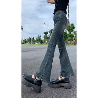 Quần jeans ống loe mài đùi xẻ gấu lưng cao co dãn chất bò phong cách Hàn Quốc