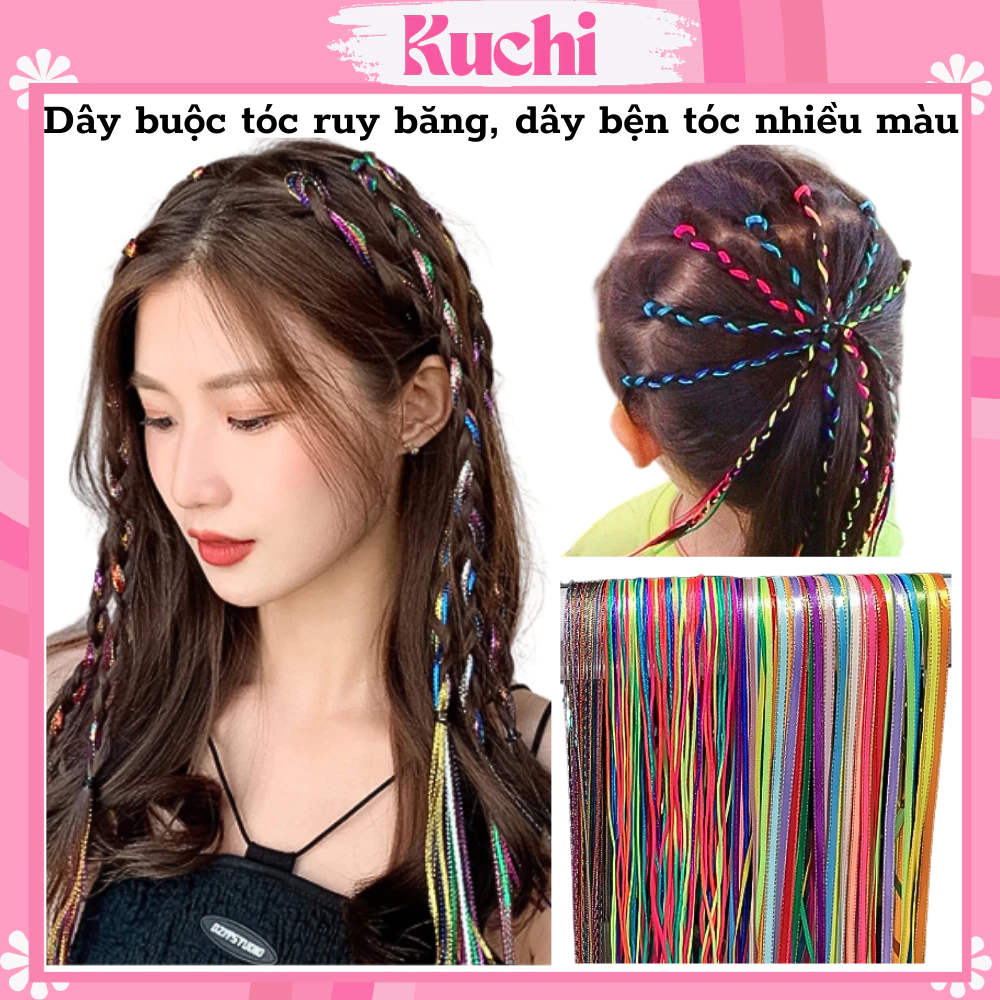 Dây buộc tóc ruy băng, dây bện tóc KUCHI nhiều màu sắc dễ thương cho bé gái
