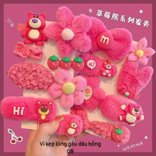 Set 8 kẹp tóc Lông GẤU DÂU LOTSO hồng xinh xắn dễ thương cho nữ