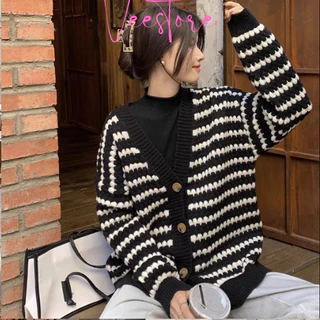 Áo khoác cardigan cổ V họa tiết kẻ đen trắng ngang Forgirl dáng xuông tay lỡ cài cúc Ulzzang Hàn Quốc VEESTORE