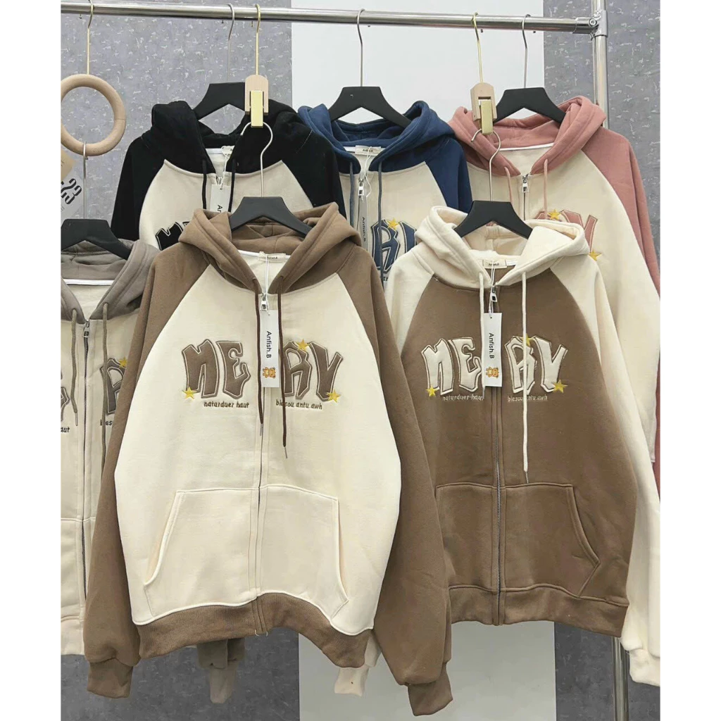 Áo Khoác Hoodie Zip có khóa kéo nỉ bông dày dặn MERY Có Nón 2 Màu Form Rộng Nam Nữ