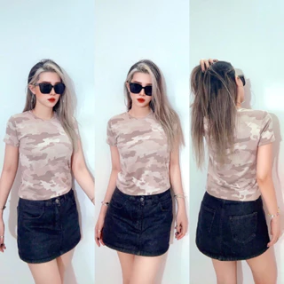 Áo croptop, baby tee cổ tròn thun len dệt kim lính nâu