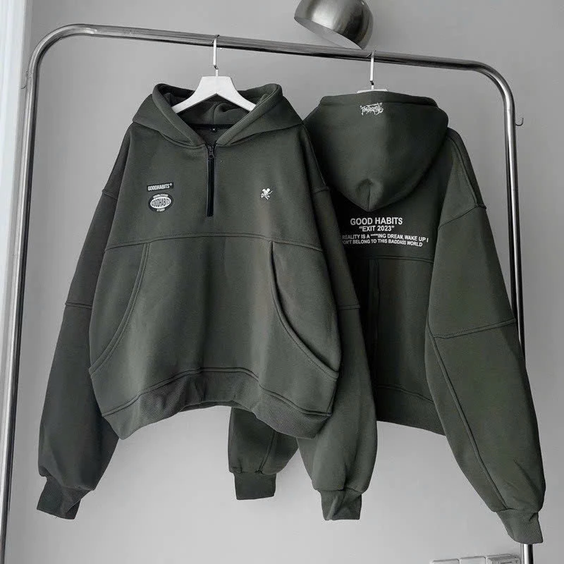 Áo Hoodie Nỉ Unisex Form Rộng Xanh Rêu Xám form croptop dây kéo nửa cổ. Hot Trend -fammilyshop