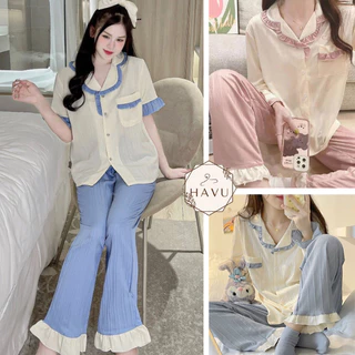 Đồ bộ mặc nhà pyjama nữ chất Đũi Xốp HAVU SHOP - Đồ ngủ nữ dễ thương phong cách Hàn Quốc