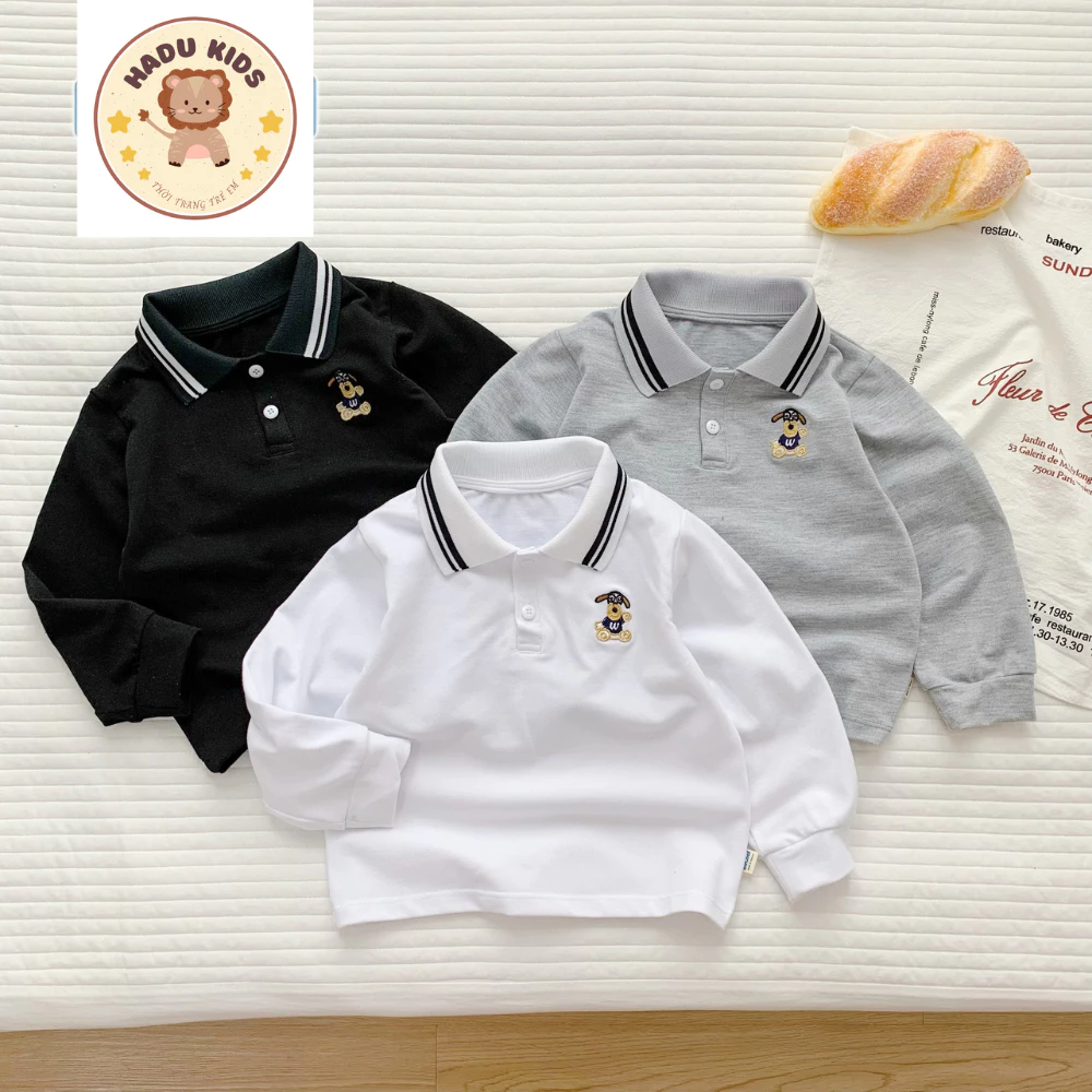 Áo dài tay cho bé, áo polo dài tay bé trai chất POLO xịn THÊU GẤU dễ thương, đường may đẹp - HADU KIDS 11 - 27kg