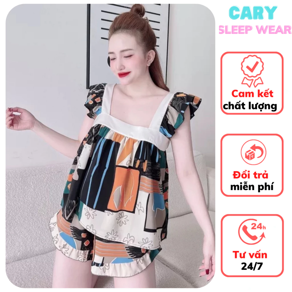 Bộ ngủ lụa satin cao cấp hai dây mặc nhà mùa hè mềm mát dễ thương CARY