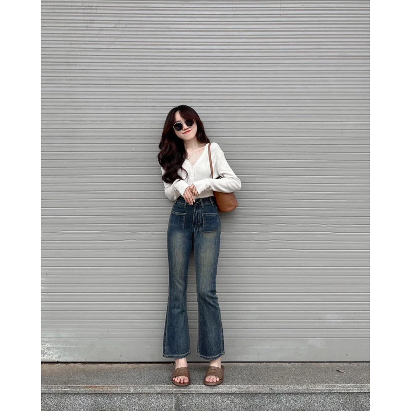 Quần jeans loe túi trước mài đùi lưng cao có giãn kiểu dáng Hàn Quốc