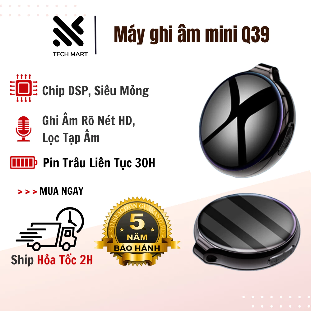 Máy ghi âm mini Q39 dạng đeo kích hoạt bằng giọng nói, thiết bị ghi âm chuyên nghiệp thời gian đến 40h, máy nghe nhạc