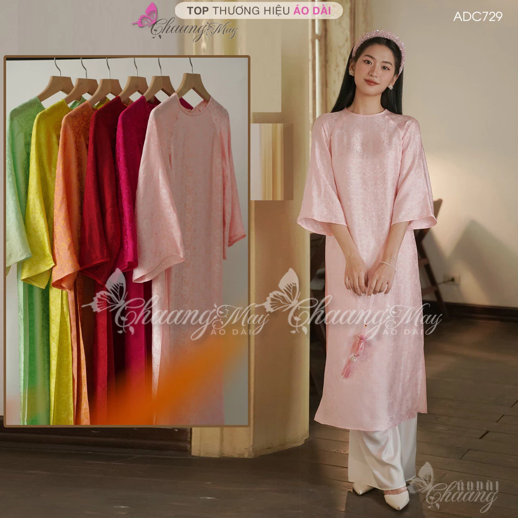 Áo dài gấm cách tân nữ cổ tròn dáng suông xưa Chaang may sẵn áo dài xuông bầu dễ mặc dự tiệc cưới hỏi lễ tết đẹp ADC756