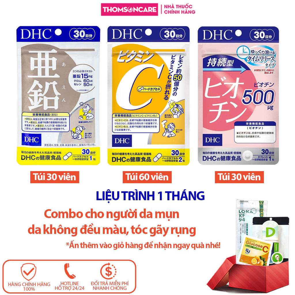 Combo tóc chắc khỏe, da mụn không đều màu DHC (Kẽm 30v, Vitamin C 60v, Biotin 30v) - Liệu trình 1 tháng Thomsoncare