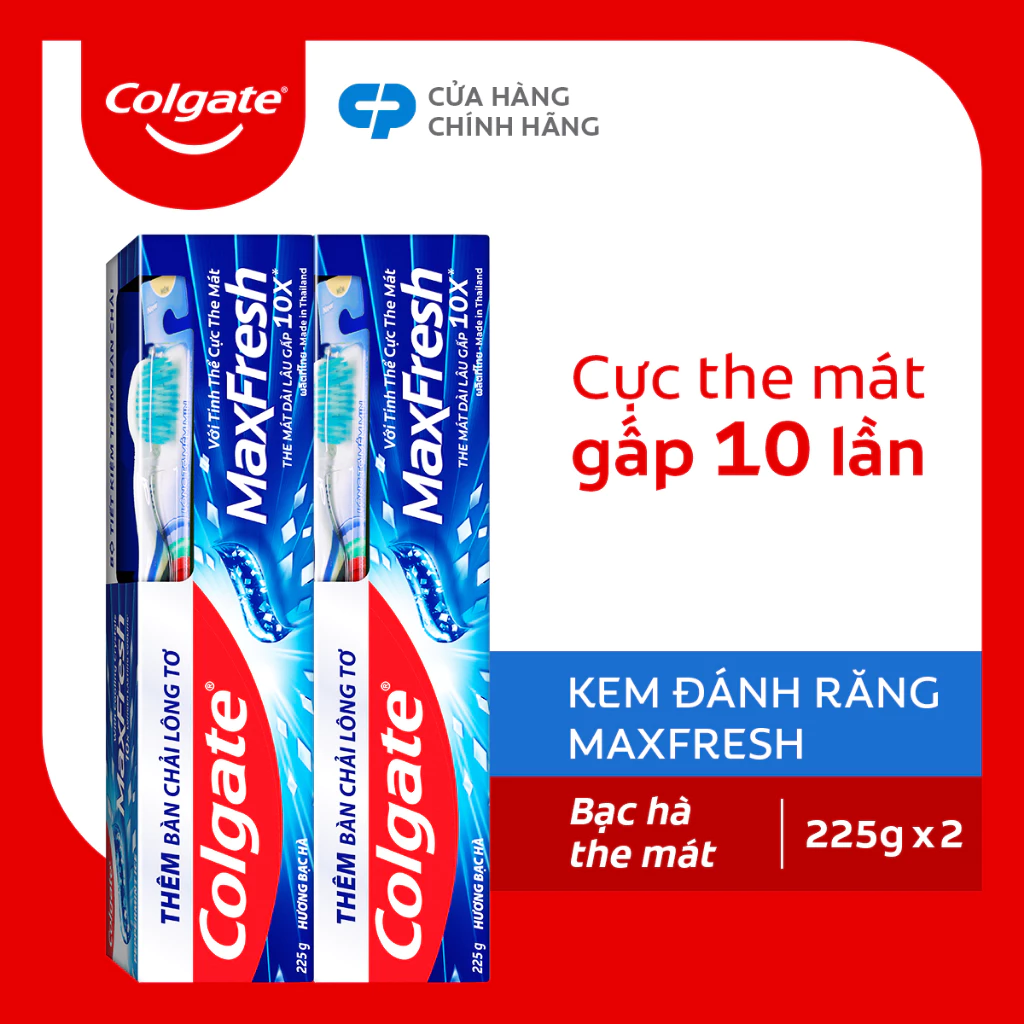 Bộ 2 Kem đánh răng Colgate Maxfresh bạc hà the mát 225g/tuýp tặng bàn chải