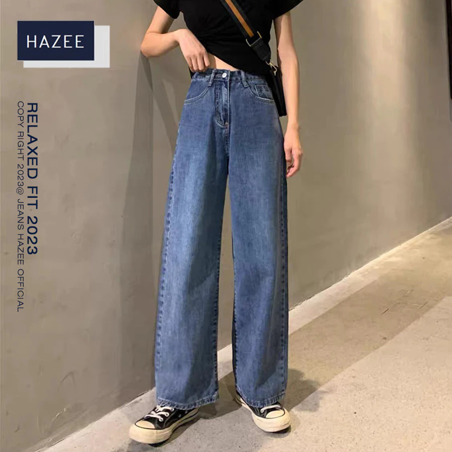 Quần jean màu xanh cho nữ cạp cao HAZEE quần bò ống rộng nữ jeans cao cấp co giãn