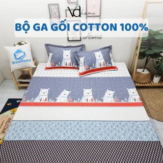 Bộ ga gối cotton 100%, ga chun bọc nệm đủ size, 2 vỏ gối khóa kéo lót bông dày dặn VDhome