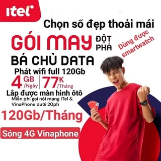 SIM iTel MAY77 4GB/NGÀY/120GB/THÁNG GỌI VINAPHONE MIỄN PHÍ( SỐ CHỌN )