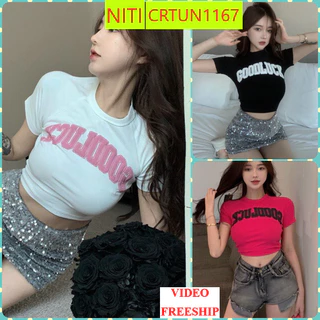 [CRTUN1167]ÁO CROPTOP KIỂU LỬNG NỮ CỔ TRÒN NGẮN TAY IN CHỮ GOODLUCK MÀU TRẮNG ĐEN HỒNG TÔN DÁNG SIÊU CO GIÃN ĐỈNH CAO