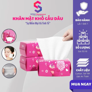 Khăn mặt khô gấu dâu Sonahouse dùng tẩy trang, lau mặt cotton 50 tờ