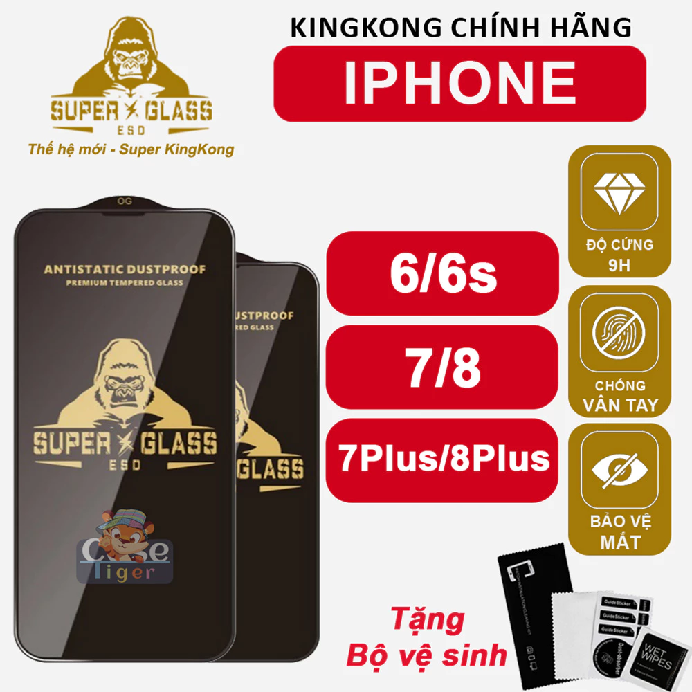 Cường lực KingKong Đen iPhone 5 5s 6 6s 7 7p 8 8p màn, Chống bám vân tay