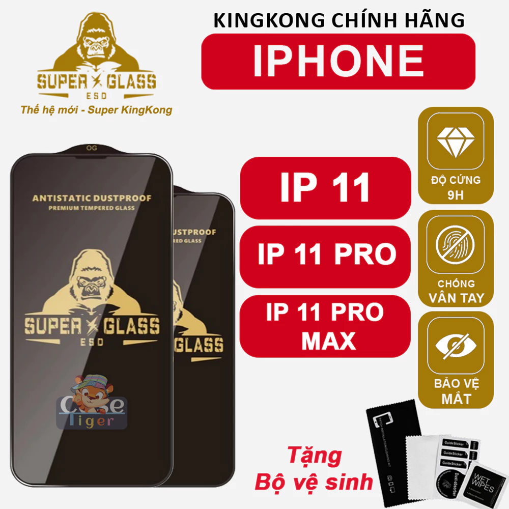Cường lực KingKong Đen iPhone 11 11Pro 11Promax Max full màn, Chống bám vân tay