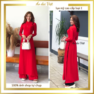 Áo dài màu đỏ trơn truyền thống may sẵn đi lễ tết đám cưới cô dâu lụa mỹ loại 1 cao cấp