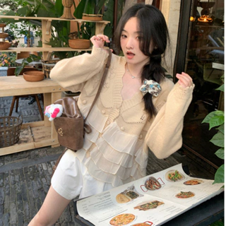 {XẢ KHO} Áo cardigan len nữ dệt kim tay dài vintage sweater khoác len nữ phối viền ren hàn quốc K80818