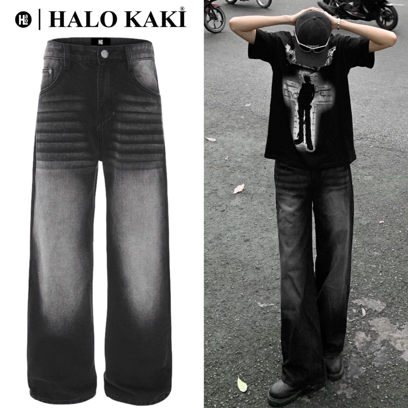 QUẦN JEANS bgaay ĐEN KHÓI V1 -  BAGGY WASH ĐEN KHÓI BẠC ỐNG RỘNG HALO KAKI