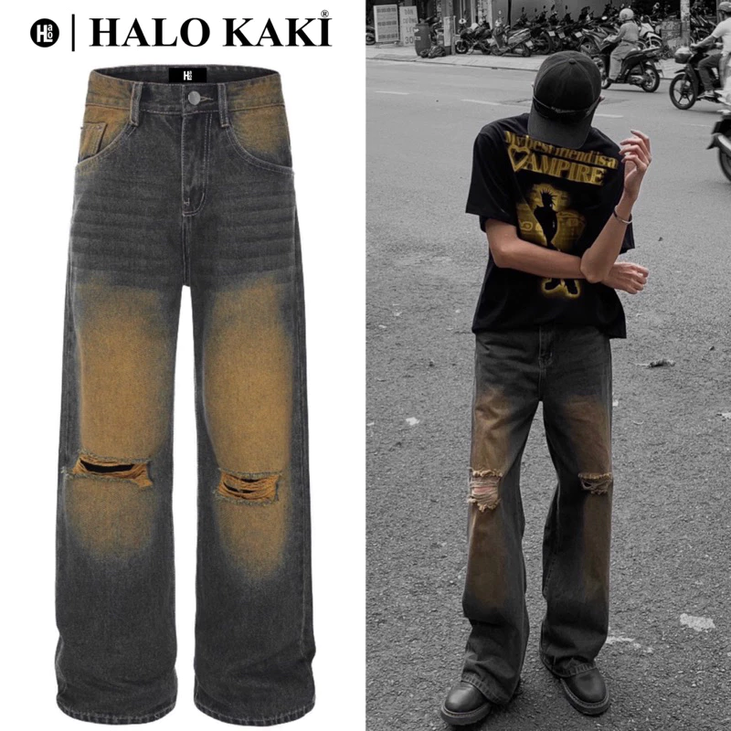 QUẦN JEANS BAGGY WASH NÂU VÀNG RÁCH/TRƠN [HÀNG CAO CẤP] - QUẦN JEANS WASH (NÂU VÀNG) ỐNG RỘNG PHỦ GÓT  - HALO KAKI