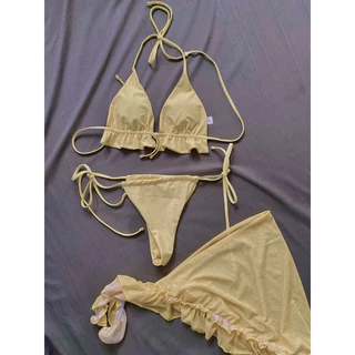 Set bikini 3 mảnh màu vàng Peachy - Hình Thật