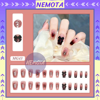 Nail box Nemota set 24 móng tay giả đính đá màu hồng đen hoạt tiết hoa sang chảnh MG43