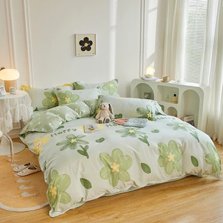 Bộ chăn ga gối cao cấp ETAMI cotton poly hoa xanh Happpy miễn phí bo chun drap giường , ga trải giường ( chưa kèm ruột)
