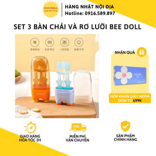 Set 3 bàn chải và rơ lưỡi BeeDoll, silicone cao cấp giúp vệ sinh răng miệng, kháng khuẩn cho bé từ 0-18m