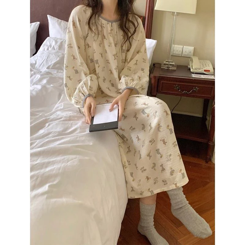 Váy ngủ ngọt ngào dành cho nữ trong mùa xuân thu giản dị dài tay phong cách rộng rãi váy ngủ cỡ lớn dài đến đầu gối