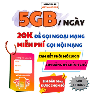 Sim 4G Vietnamobile siêu ưu đãi Data 150GB/tháng tốc độ cao, Đầu 09, Tặng 20p ngoại mạng, Miễn phí nội mạng.
