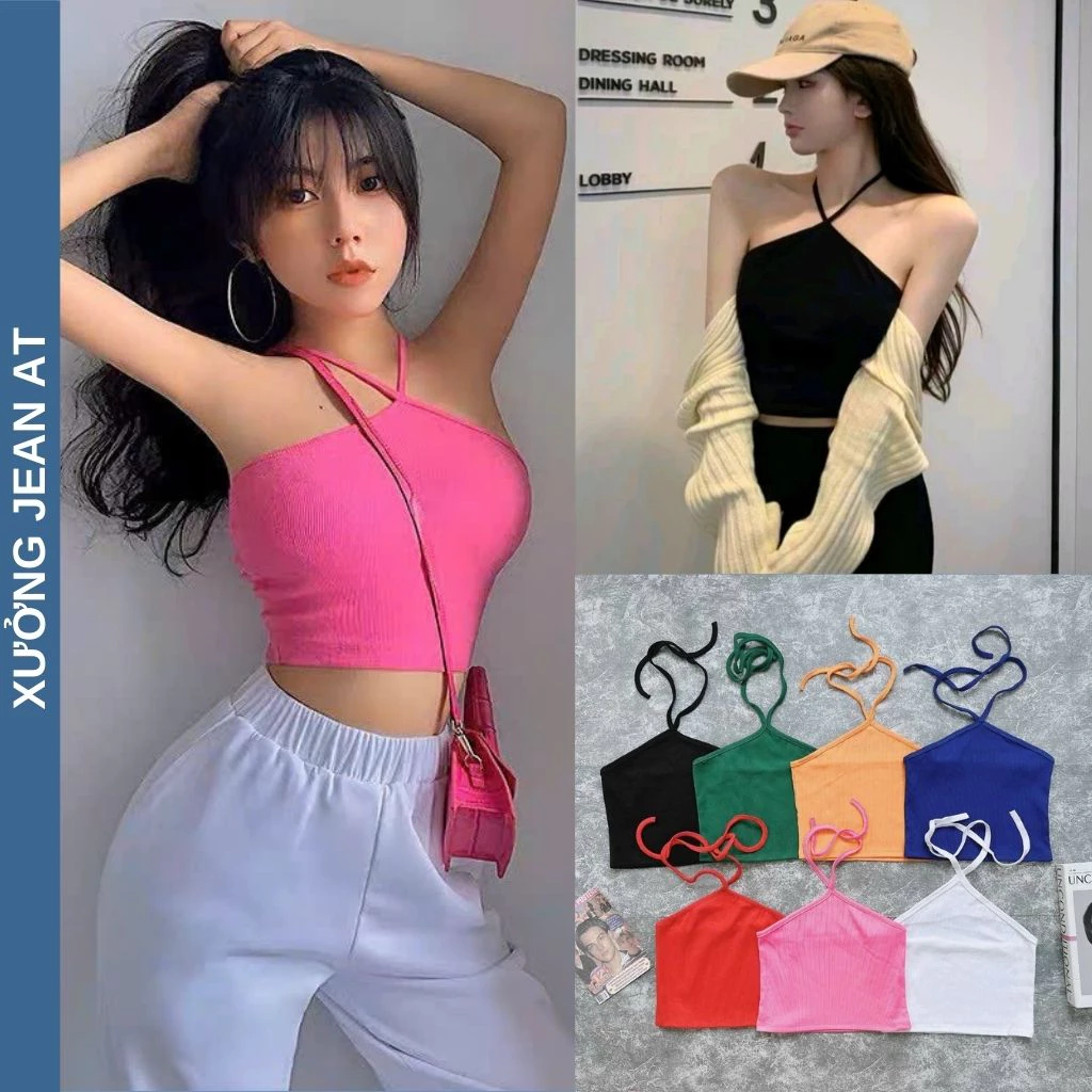 Áo Croptop Cổ Yếm Cột Dây Ôm Body Nhiều Màu, Áo Croptop Kiểu Yếm 2 Dây Chéo Mảnh Chất Thun Gân Mịn Đẹp 624