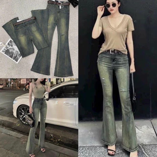 Quần jeans loe gân giữa rách đùi lưng cao co giãn màu rêu khói phong cách Hàn Qu