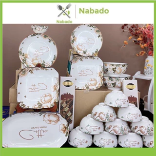 Set Tô Bát Chén Đĩa Sứ Bộ Chén Bát 20 Chi Tiết Cotton Havest Season Họa Tiết Hoa Hải Đường Đồ Sứ Decor Tráng Men Cao Cấp