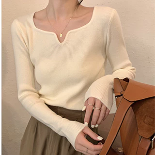 Áo len dài tay INFLACHI dệt kim nữ cổ V len tăm co dãn dáng ôm body dễ phối nhiều màu sắc kiểu basic Hàn Quốc MN0923-040