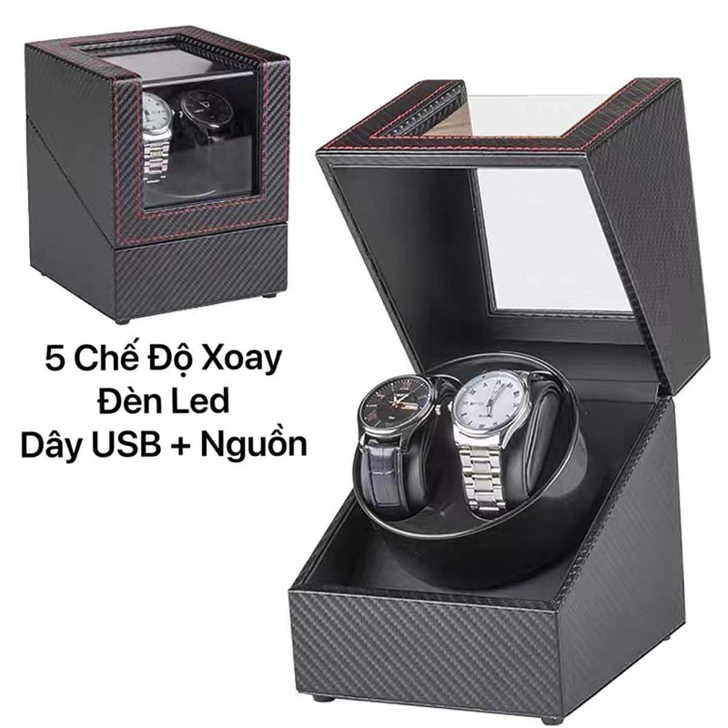 Hộp xoay đồng hồ cơ 2 chiếc mẫu mới 2023 có đèn led nhiều chế độ xoay