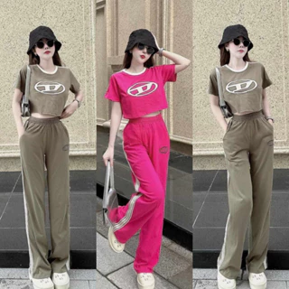 Đồ bộ nữ, set đồ bộ quần ống rộng đai cao có túi rút dây và áo croptop ôm ngắn tay vải thun cotton gân, đồ mặc ở nhà nữ