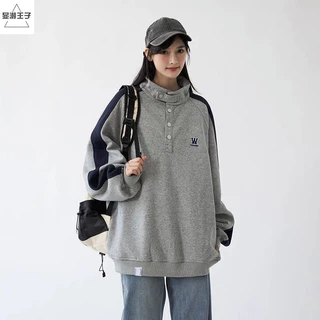 Áo Sweater Cổ Cao Cúc Sắt Bấm Thêu Chữ W, Áo Nỉ Polo Form Rộng Tay Dài Unisex Nam Nữ