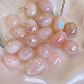 Viên sỏi Năng lượng thạch anh hồng thiên nhiên phủ Aura, Tumble Aura Pink quartz, Đá năng lượng thu hút tình yêu