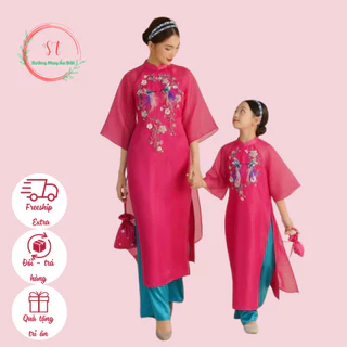 Áo dài cách tân bé gái và mẹ Ngọc Sương màu hồng sen chất liệu tơ organza thiết kế 4 tà cao cấp - Áo dài ST - ST05