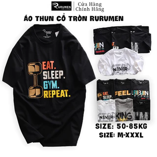 Áo Thun Nam Cổ Tròn RURUMEN Màu Đen In Chữ Eat Sleep Big Size