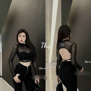 Áo lưới Đá crop có cup ngực Hở Lưng Thiết kế Buộc Dây sexy