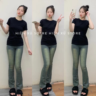 Quần jeans ống loe màu XANH RÊU BỤI gấu to cạp cao co dãn hottrend 2023