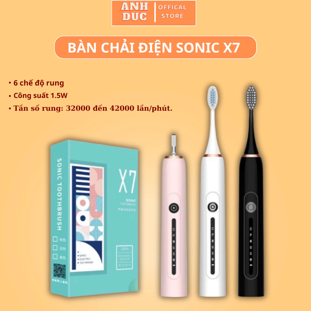 Bàn Chải Điện Sonic X7 Cao Cấp,Bàn Chải Đánh Răng Điện Công Nghệ Châu Âu 6 Chế Độ Rung.Sạc Dùng 2 Tháng.Kèm 3 Bàn Chải